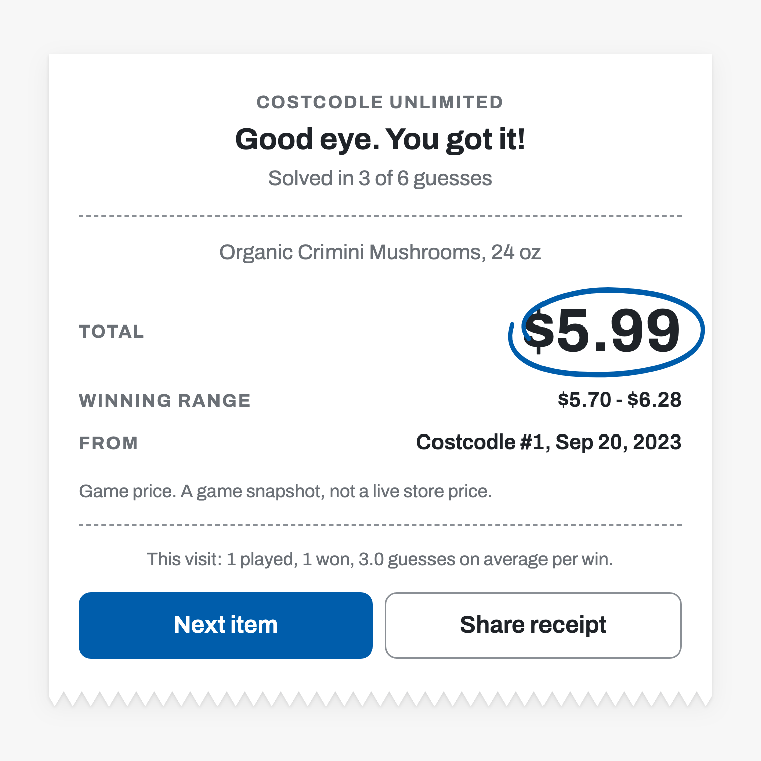 Costcodle Unlimited result receipt for a sample item, solved in 3 of 6 guesses, with the original puzzle number and the Next item and Share receipt buttons