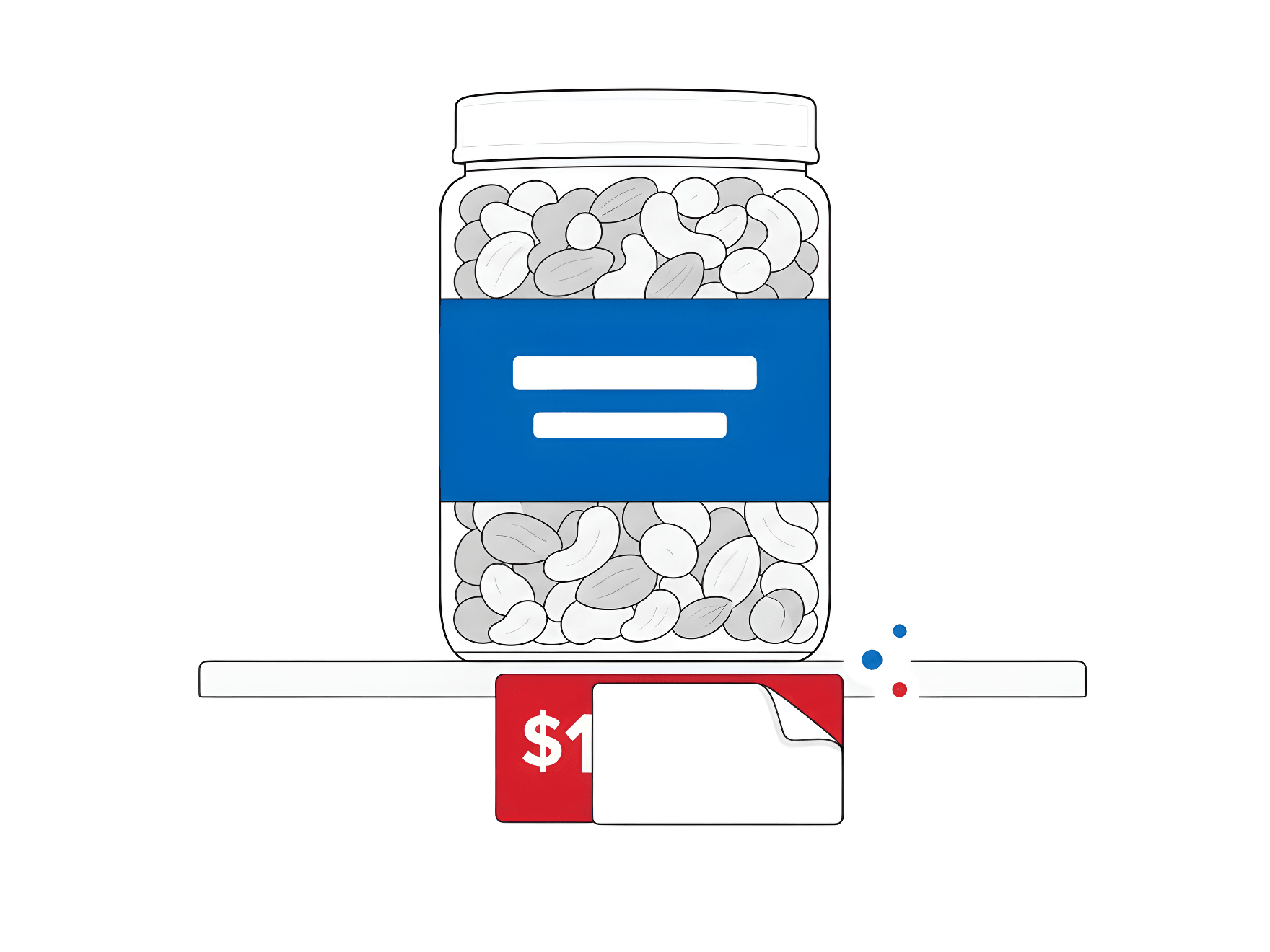 Costcodle illustration: a jar of mixed nuts on a shelf with a red price sticker peeled back to show only the start of a price