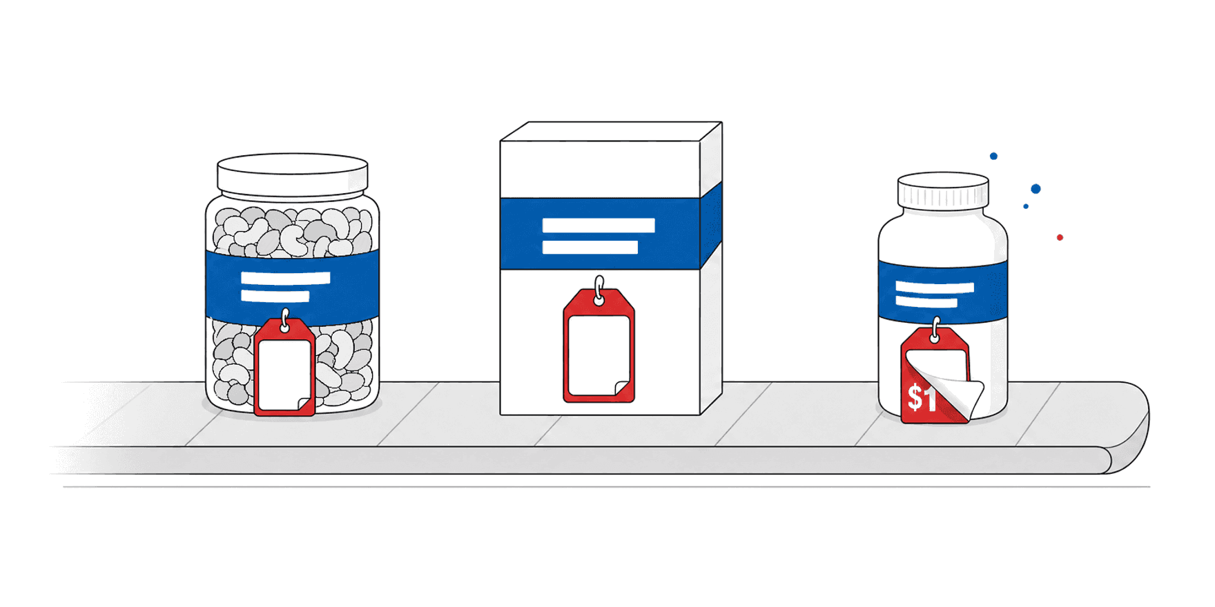 Costcodle Unlimited illustration: three warehouse items on a checkout belt, every price hidden under a sticker and the last one peeled back to show only the start of a price